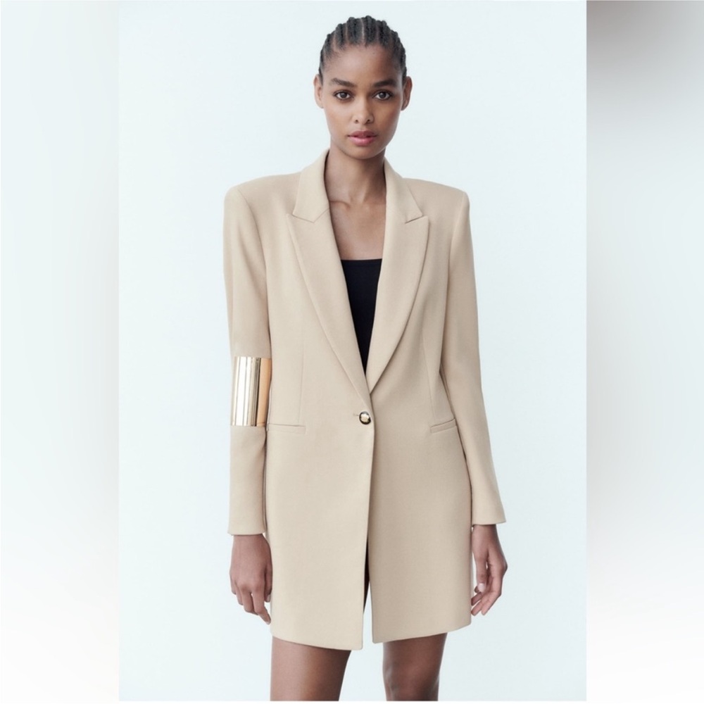 Zara Long Blazer with Single Gold Button Women’s Size Small Tan Beige - Picture 2 of 10
